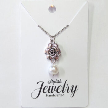 Antique Silver Small Rose Flower With Pearl Necklace - Image 4