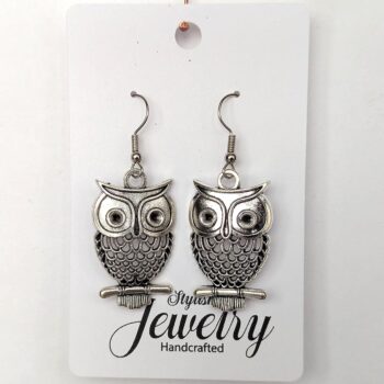 Hollow Owl on a Branch Antique Silver Earrings - Image 2