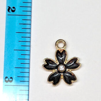 Black Flower With Rhinestone Enamel Charm Gold - Image 2