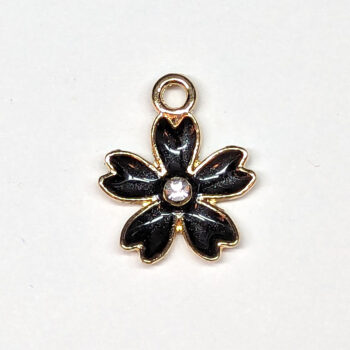 Black Flower With Rhinestone Enamel Charm Gold