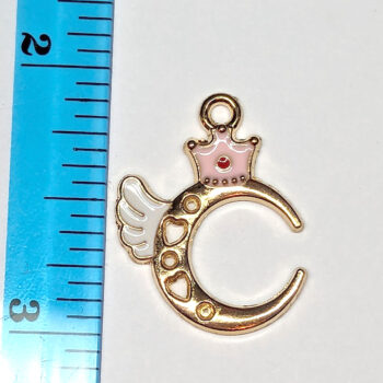 Moon With White Wings Pink Crown Enamel Charm Gold - Image 2