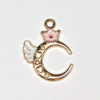 Moon With White Wings Pink Crown Enamel Charm Gold