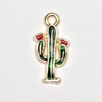 Green Cactus Red Flower Plant Enamel Charm Gold