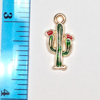 Green Cactus Red Flower Plant Enamel Charm Gold - Image 5