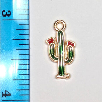 Green Cactus Red Flower Plant Enamel Charm Gold - Image 2