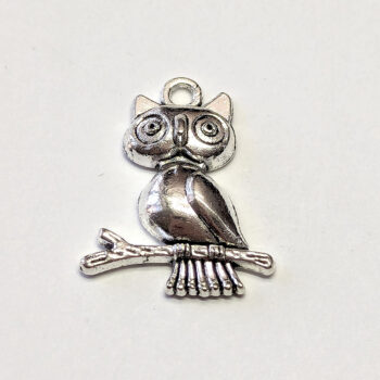 Big Eyes Owl on a Branch Charm Antique Silver