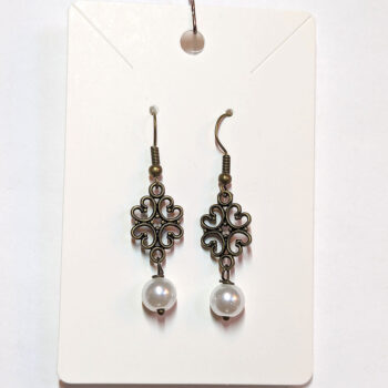 Hollow Hearts Antique Bronze Pearl Earrings - Image 3