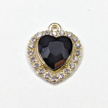 Black Faceted Clear Rhinestone Heart Charm Gold