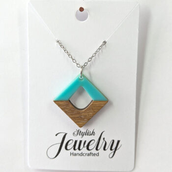 Turquoise Blue Resin Wood Hollow Diamond Necklace - Image 11