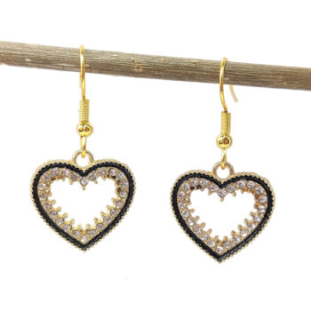 Gold and Black Hollow Heart with Rhinestones Earrings