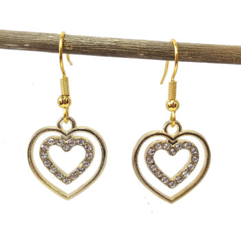 Gold Double Hollow Heart with Rhinestones Earrings