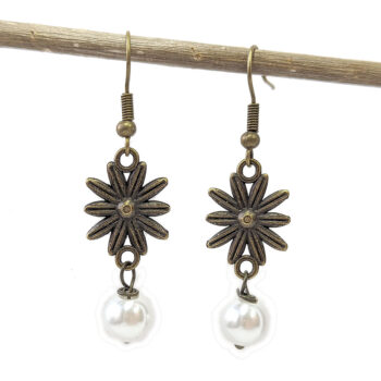 Antique Bronze Daisy Flower Earrings with Pearl