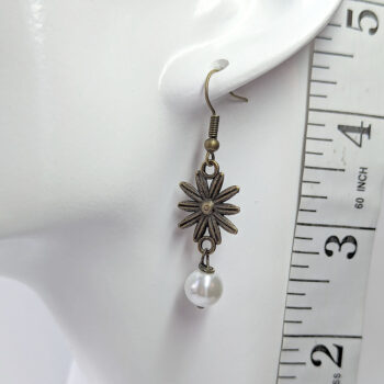 Antique Bronze Daisy Flower Earrings with Pearl - Image 2