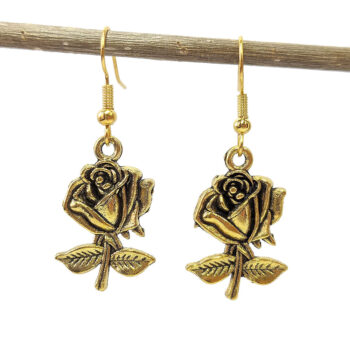 Medium Long Stem Rose Flower Earrings Antique Gold