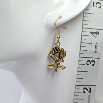 Medium Long Stem Rose Flower Earrings Antique Gold - Image 2