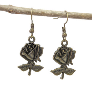 Medium Long Stem Rose Flower Earrings Antique Bronze