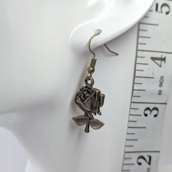 Medium Long Stem Rose Flower Earrings Antique Bronze - Image 2