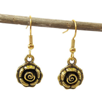 Rose Flower Head Earrings Antique Gold