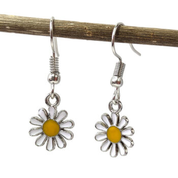 White and Yellow Daisy Flower Enamel Earrings