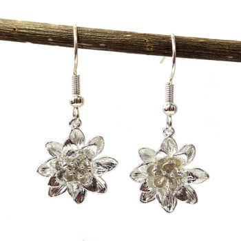 Silver 3D Lotus Flower Earrings