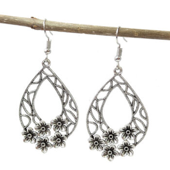 Antique Silver Large Teardrop Flowers Earrings