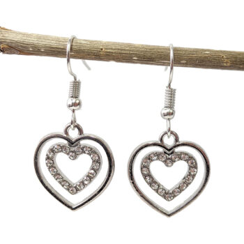 Silver Double Heart Rhinestones Earrings