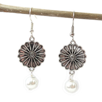 Antique Silver Solid Daisy with White Pearl Earrings