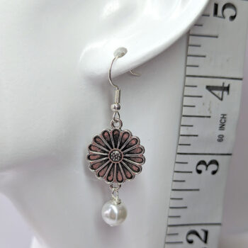 Antique Silver Solid Daisy with White Pearl Earrings - Image 2