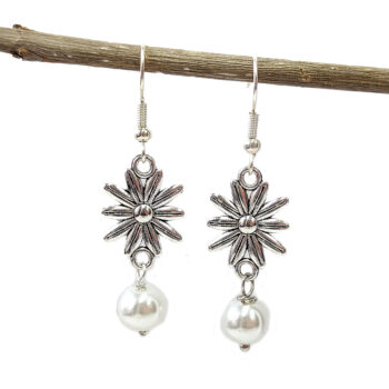 Antique Silver Daisy Flower Earrings with Pearl