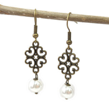 Hollow Hearts Antique Bronze Pearl Earrings