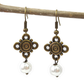 Round Connector Antique Bronze Pearl Earrings