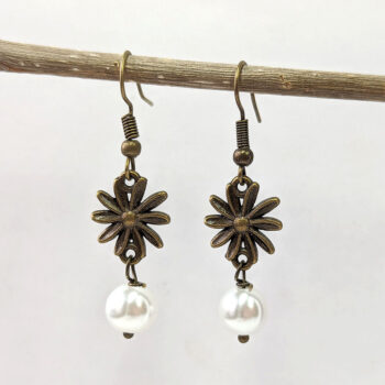 Antique Bronze Daisy Flower Earrings with Pearl - Image 4