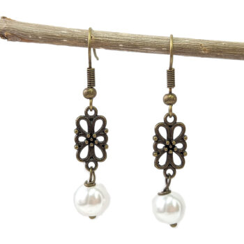 Filigree Rectangle Antique Bronze Pearl Earrings