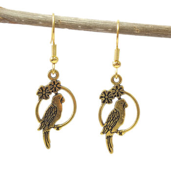 Antique Gold Parrot Bird in Hoop Earrings