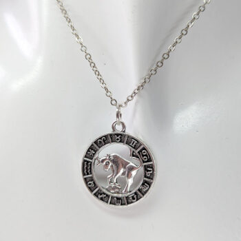 Taurus Round Zodiac Charm Antique Silver Necklace - Image 4