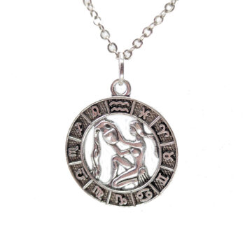 Aquarius Round Zodiac Charm Antique Silver Necklace