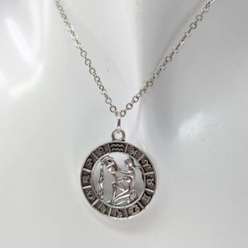 Aquarius Round Zodiac Charm Antique Silver Necklace - Image 2