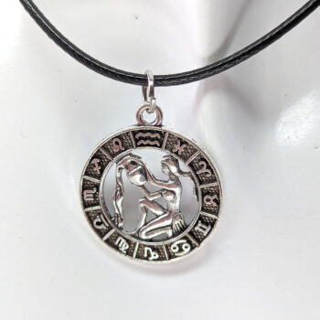 Aquarius Round Zodiac Charm Antique Silver Necklace - Image 5