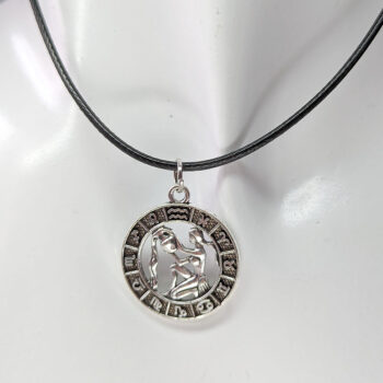 Aquarius Round Zodiac Charm Antique Silver Necklace - Image 4