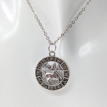 Sagittarius Round Zodiac Charm Antique Silver Necklace - Image 4