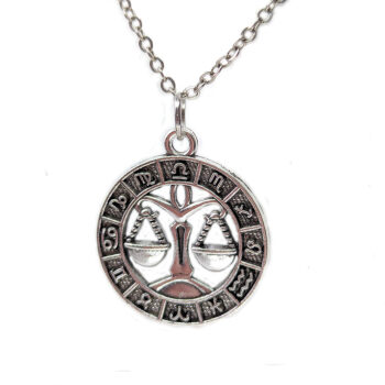 Libra Round Zodiac Charm Antique Silver Necklace