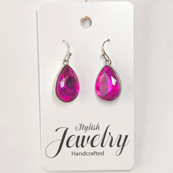October Birthstone Pink Glass Rhinestone Teardrop Earrings Silver - Image 3