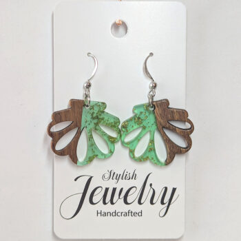 Green Marble Scallop Shell Resin Wood Earrings - Image 2