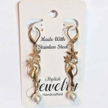 Stainless Steel Gold Bird Branch Flowers Pearl Earrings - Image 3