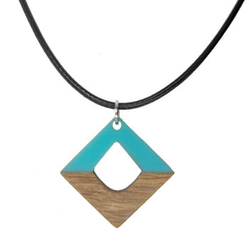 Turquoise Blue Resin Wood Hollow Diamond Necklace