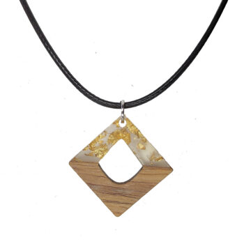 Clear Gold Leaf Resin Wood Hollow Diamond Necklace