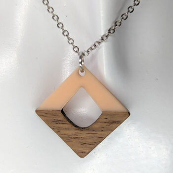 Peach Leaf Resin Wood Hollow Diamond Necklace