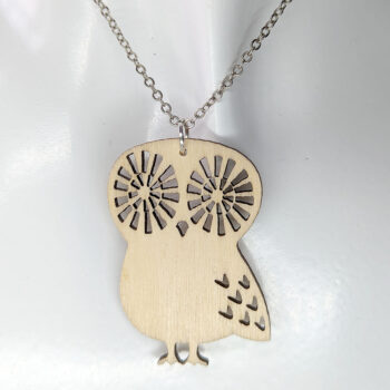 Owl Big Eyes Laser Cut Natural Wood Pendant Necklace - Image 3