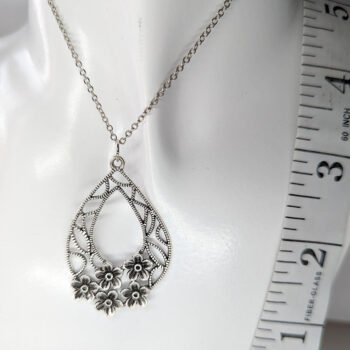 Antique Silver Teardrop with Flowers Vintage Style Necklace - Image 2