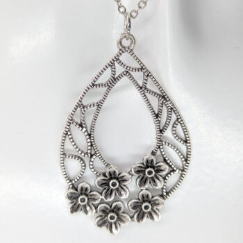 Antique Silver Teardrop with Flowers Vintage Style Necklace - Image 5